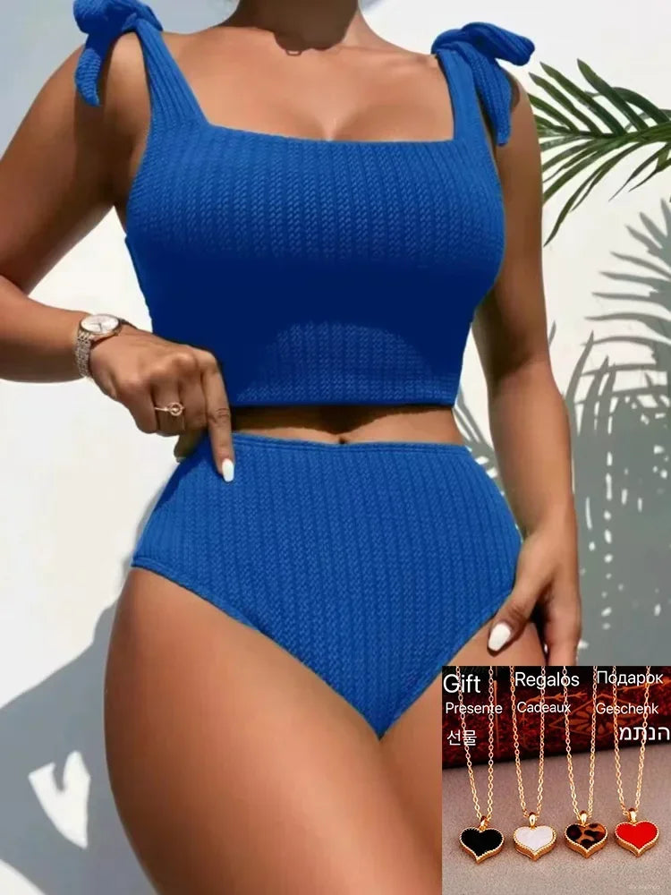 Women’s Ribbed Bikini Set - High Waist - Square Neck - Tie Strap Top