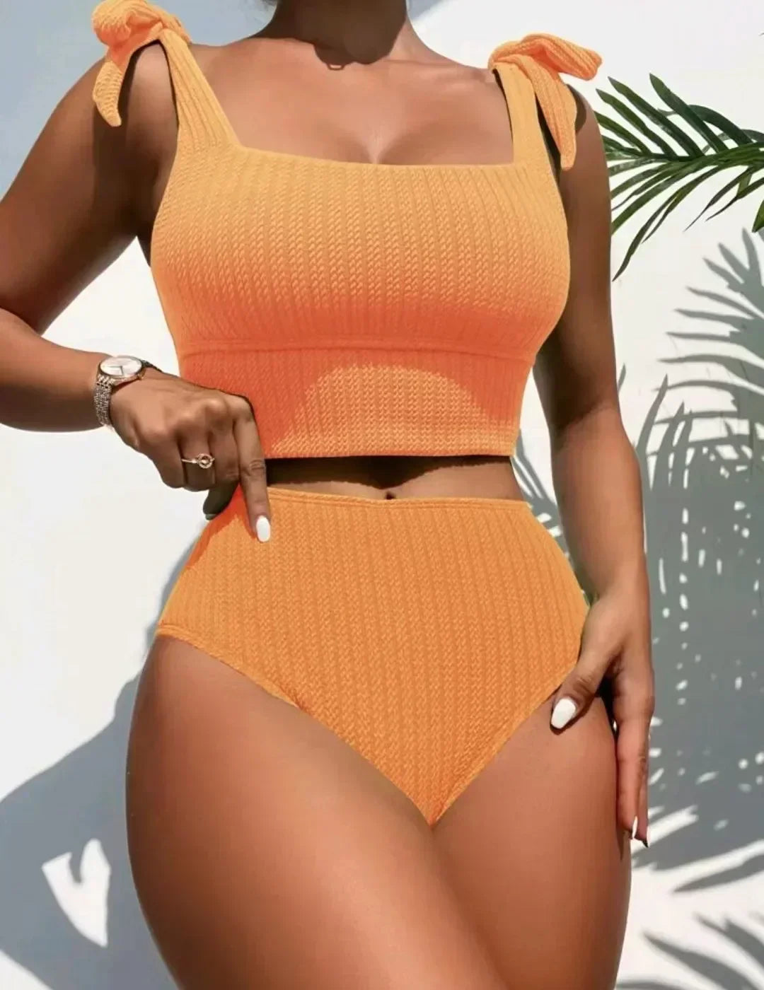 Women’s Ribbed Bikini Set - High Waist - Square Neck - Tie Strap Top