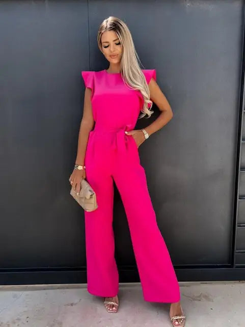 Women's Jumpsuit - Ruffle Sleeve - Belted Waist - Wide-Leg Elegant Fit