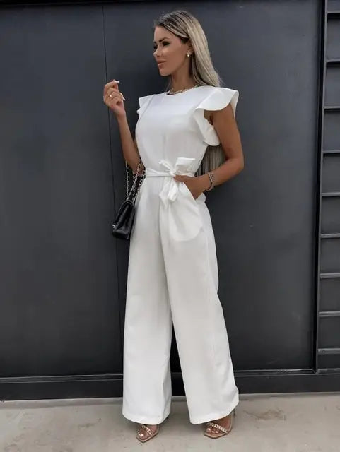 Women's Jumpsuit - Ruffle Sleeve - Belted Waist - Wide-Leg Elegant Fit