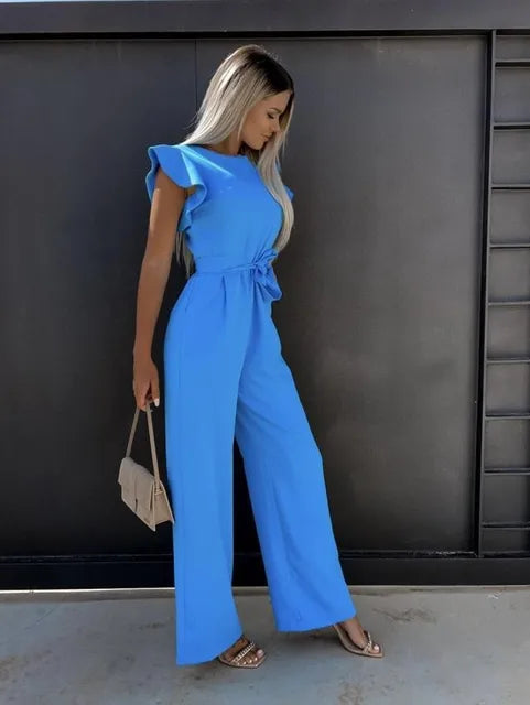 Women's Jumpsuit - Ruffle Sleeve - Belted Waist - Wide-Leg Elegant Fit