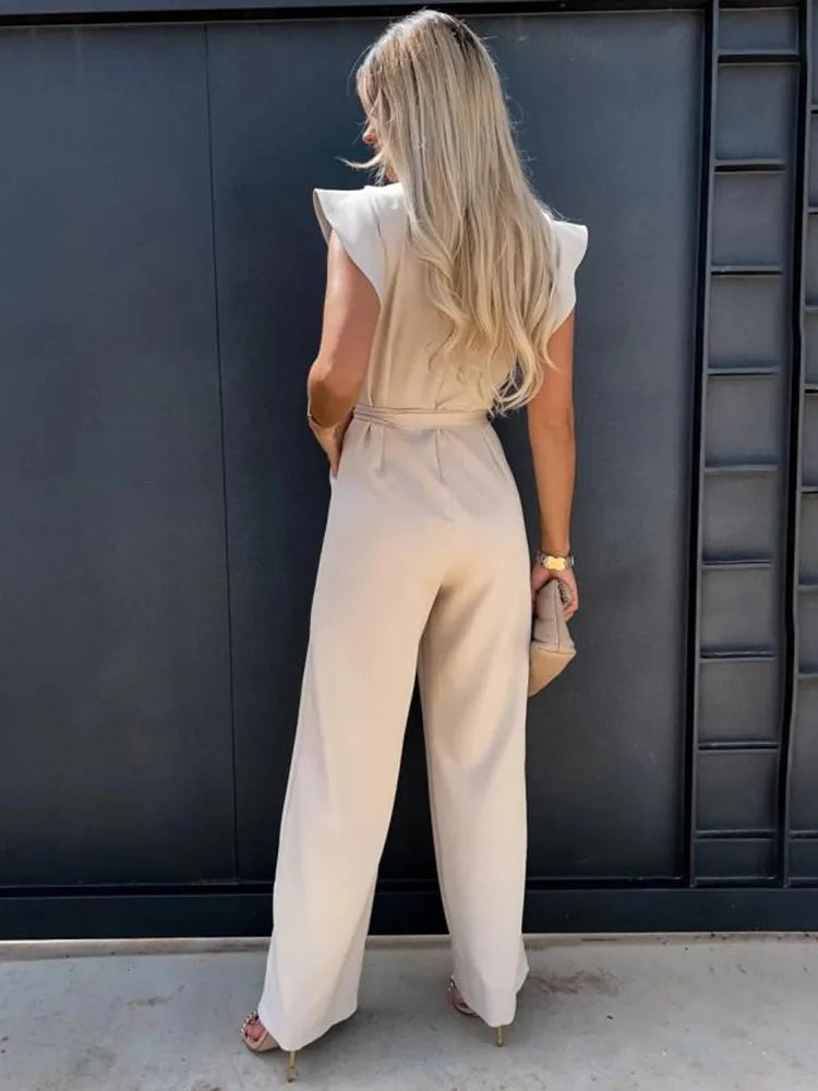 Women's Jumpsuit - Ruffle Sleeve - Belted Waist - Wide-Leg Elegant Fit