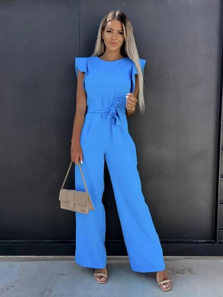 Women's Jumpsuit - Ruffle Sleeve - Belted Waist - Wide-Leg Elegant Fit