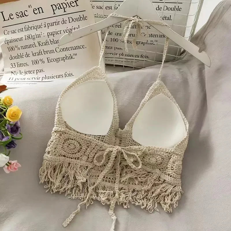 Hollow Out Tassels Backless Knitted Crop Top
