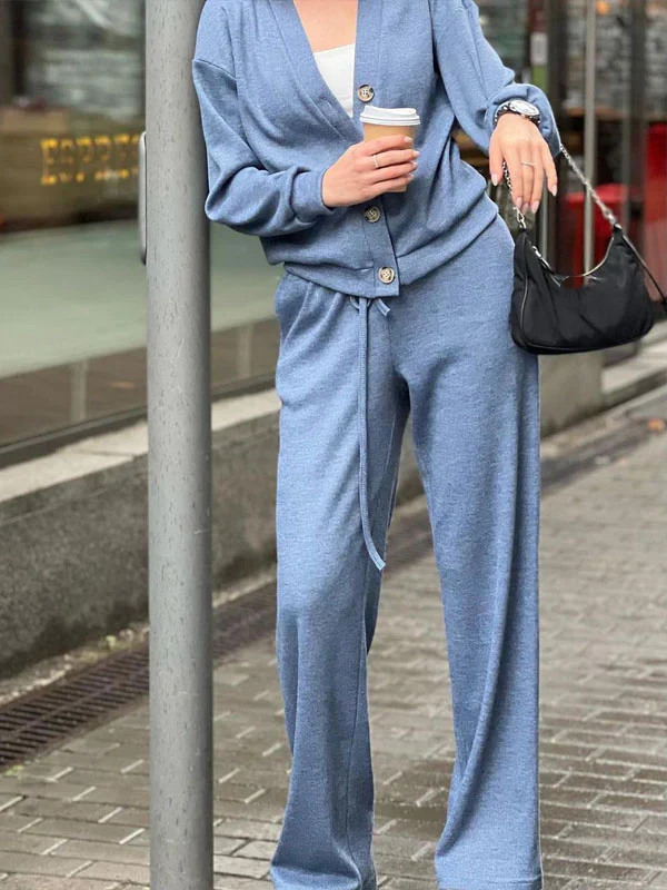 Women's casual button-down cardigan with elastic waist drawstring sweatpants set