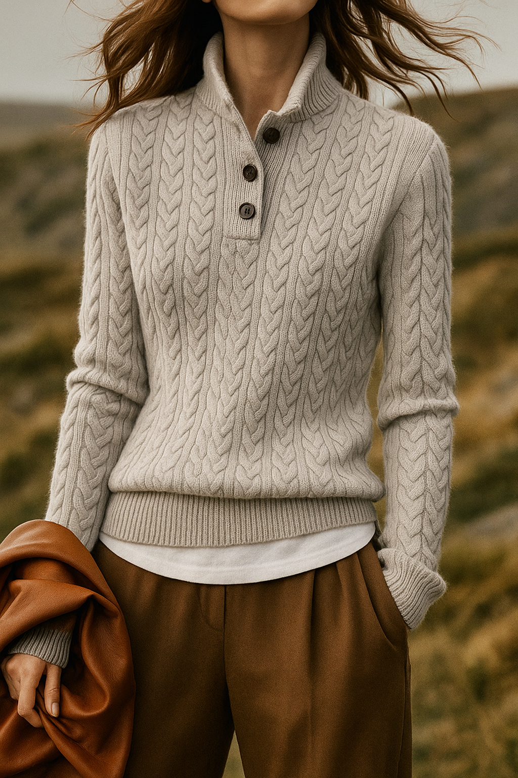 Women’s Sweater - Wool Blend - Relaxed Fit - Funnel Neck - Cable Knit
