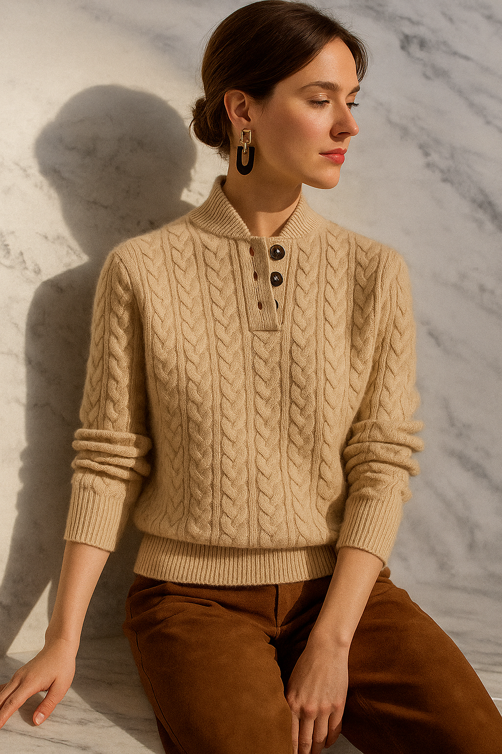 Women’s Sweater - Wool Blend - Relaxed Fit - Funnel Neck - Cable Knit