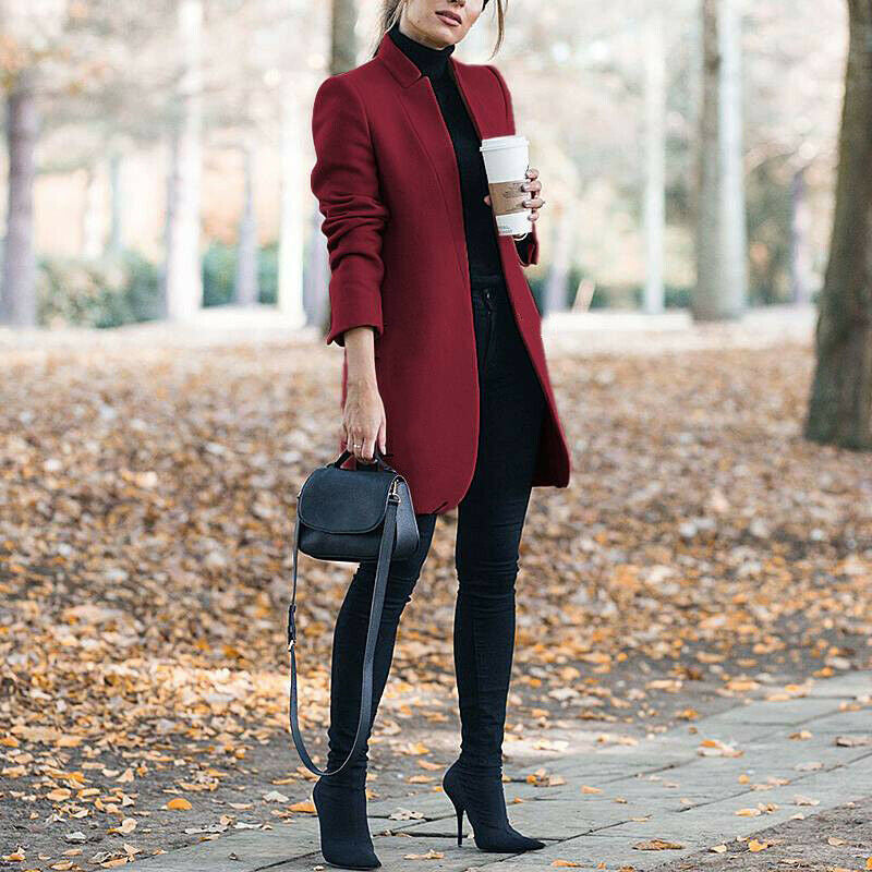Women’s Knee Length Coat - Tailored Fit - Classic Lapel - Elegant Open Front Design