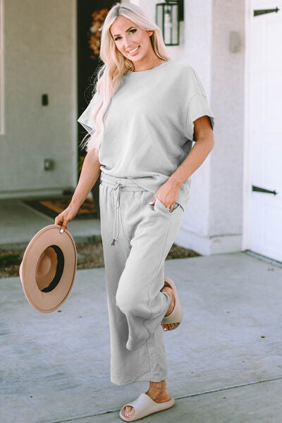 Women's double take textured short sleeve top and pants set