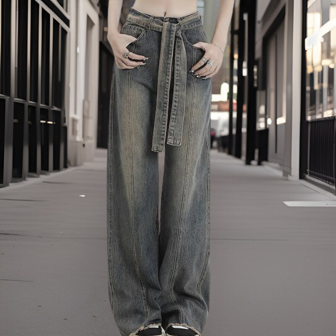 Women’s Wide-Leg Jeans – High Waist – Relaxed Fit – Front Seam – Belted Waist