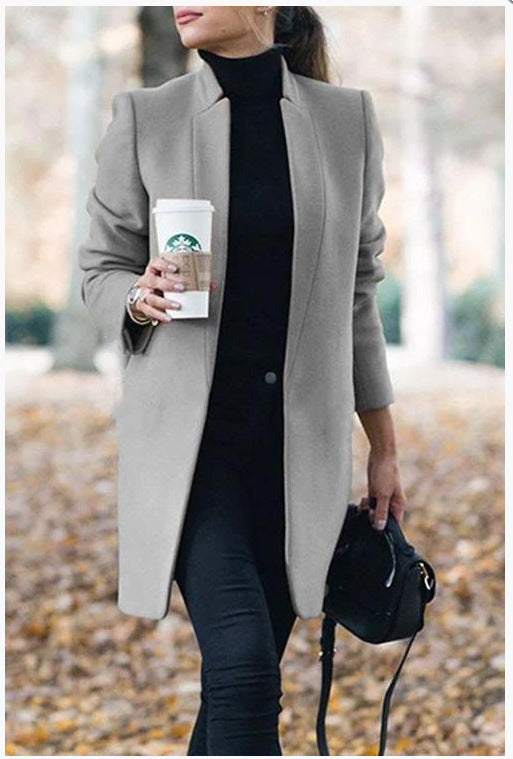 Women’s Knee Length Coat - Tailored Fit - Classic Lapel - Elegant Open Front Design