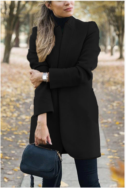 Women’s Knee Length Coat - Tailored Fit - Classic Lapel - Elegant Open Front Design
