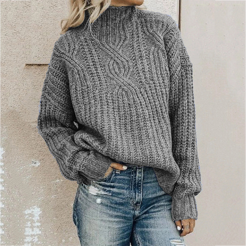 Women’s Knit Sweater - Cable Pattern - Relaxed Fit - Mock Neck Casual Pullover