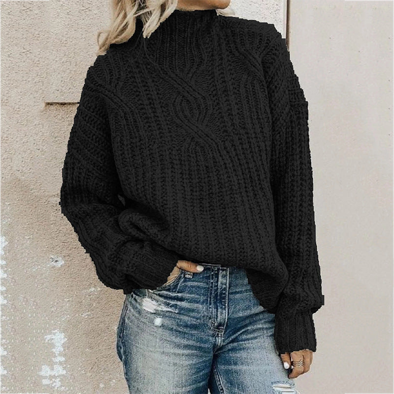 Women’s Knit Sweater - Cable Pattern - Relaxed Fit - Mock Neck Casual Pullover