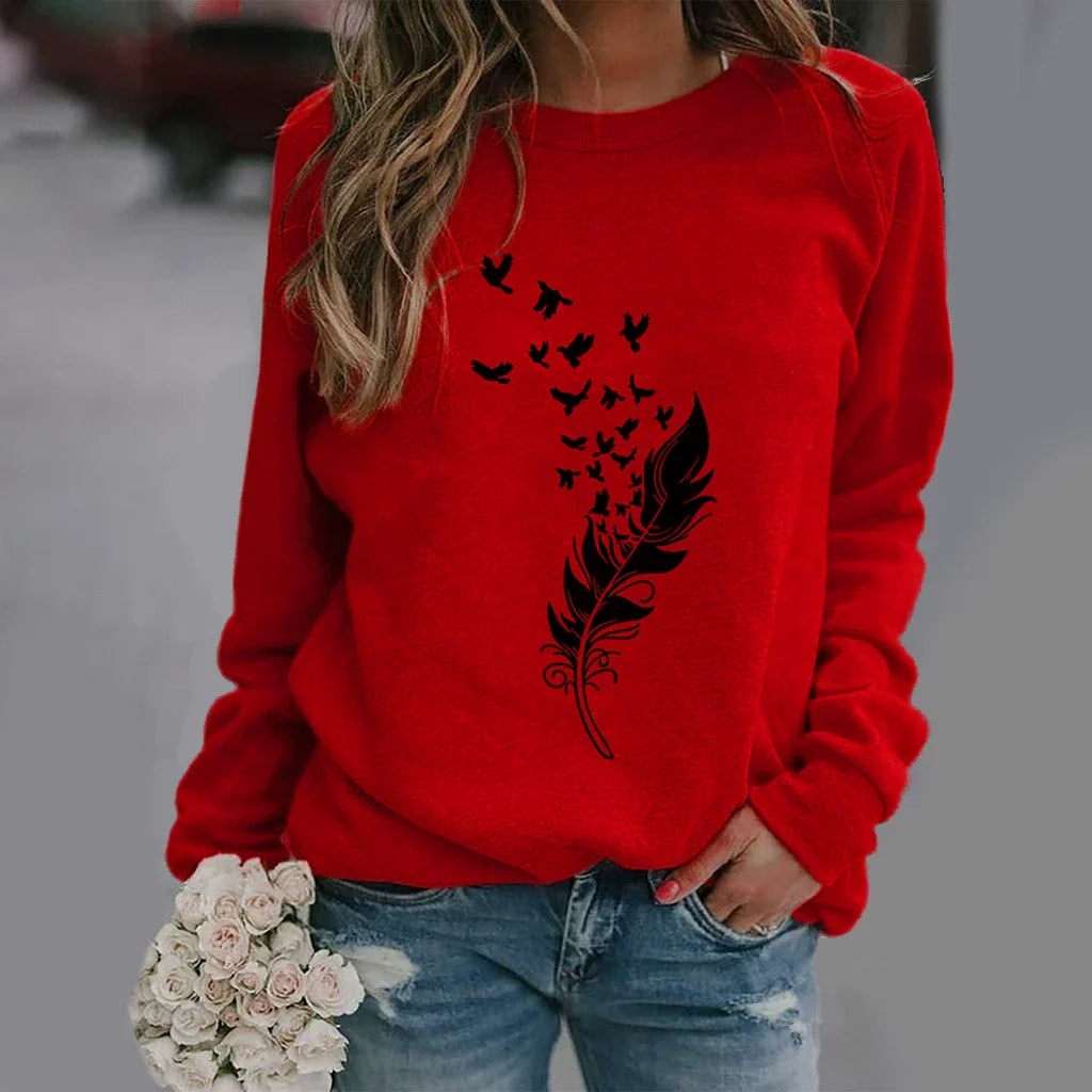 Women’s Sweatshirt – Cotton Blend – Relaxed Fit – Crew Neck Long Sleeve – Feather Print