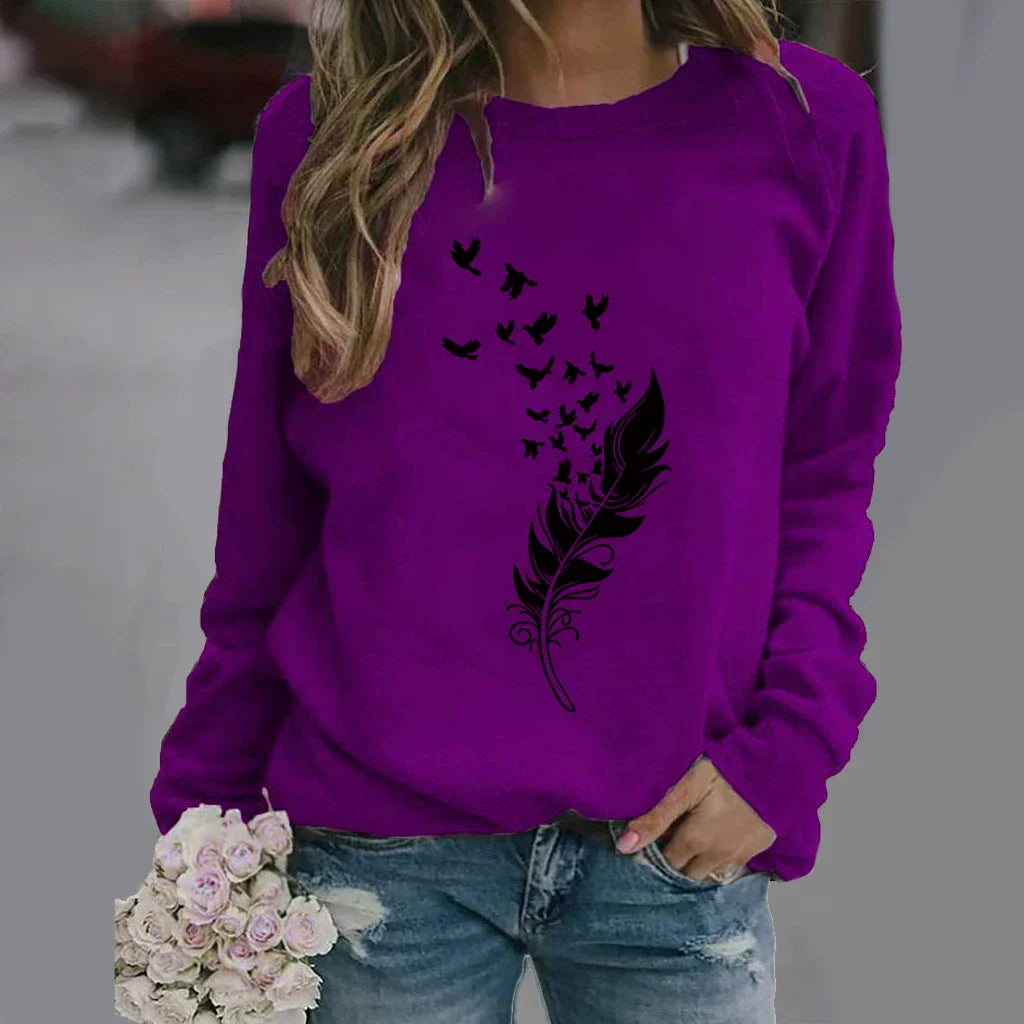 Women’s Sweatshirt – Cotton Blend – Relaxed Fit – Crew Neck Long Sleeve – Feather Print