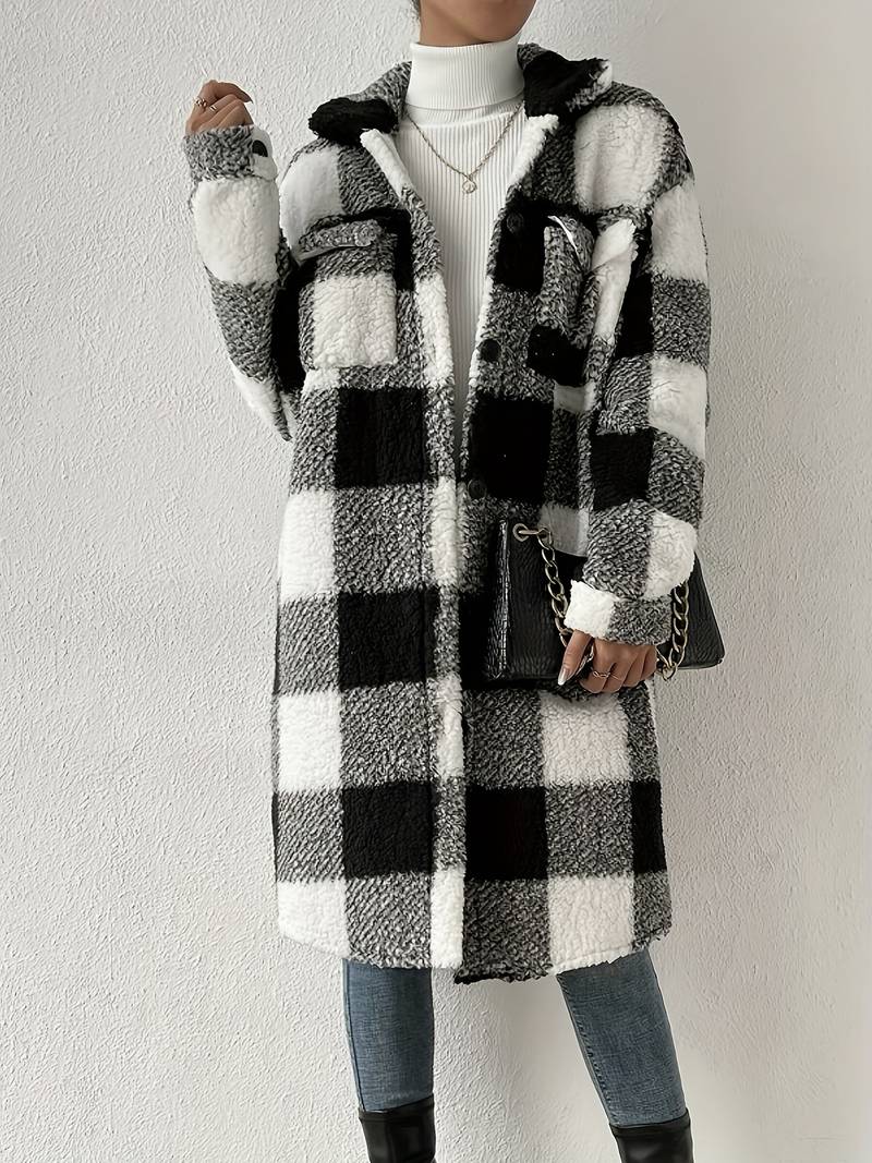 women's long checkered teddy jacket with buttons