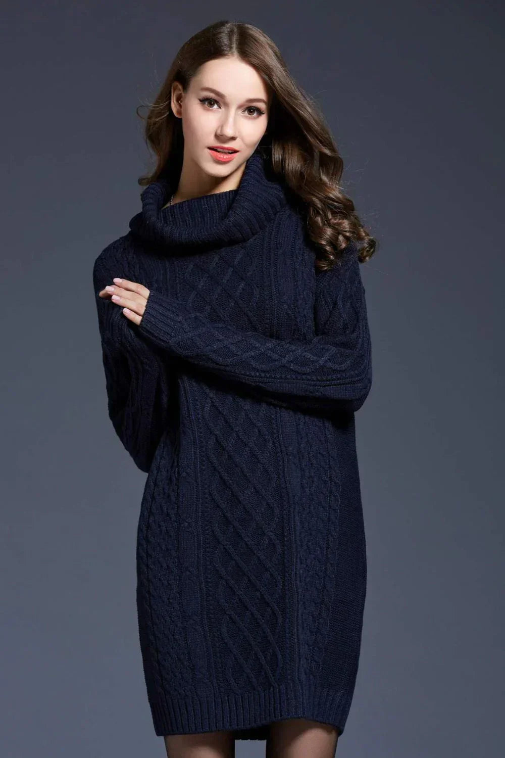 Women's Cable Knit Sweater Dress - Turtleneck - Long Sleeve - Soft Knit