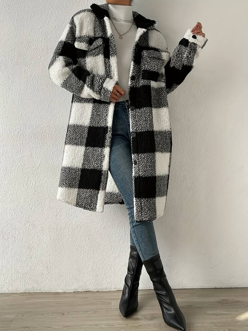 women's long checkered teddy jacket with buttons