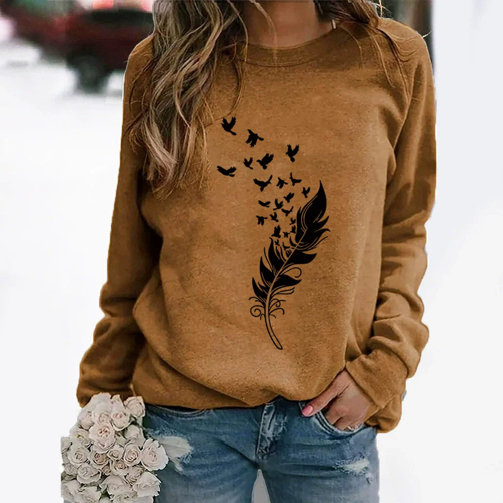 Women’s Sweatshirt – Cotton Blend – Relaxed Fit – Crew Neck Long Sleeve – Feather Print