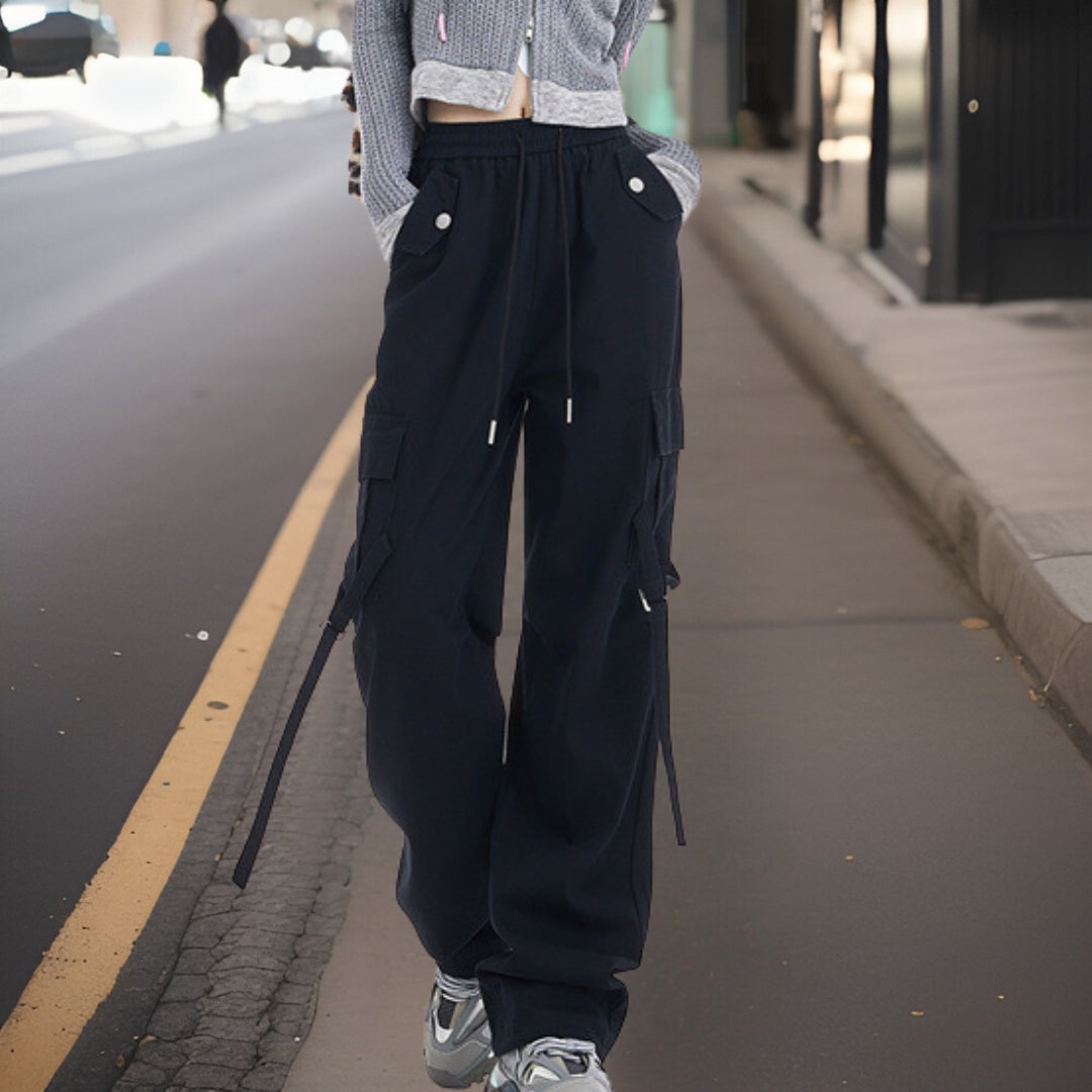 Women's Cargo Pants - Wide Leg Relaxed Fit - Elastic Waist with Drawstring - Multi-Pocket