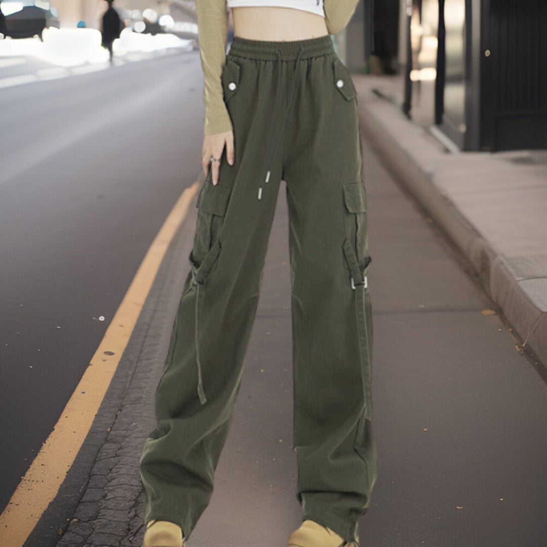 Women's Cargo Pants - Wide Leg Relaxed Fit - Elastic Waist with Drawstring - Multi-Pocket