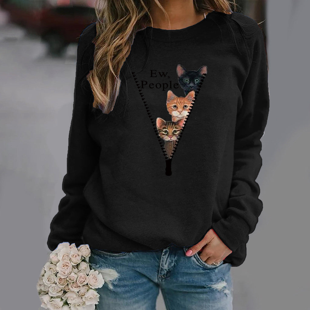 Women’s Crew Neck Sweatshirt – Relaxed Fit – Cat Graphic – Soft Cotton Texture