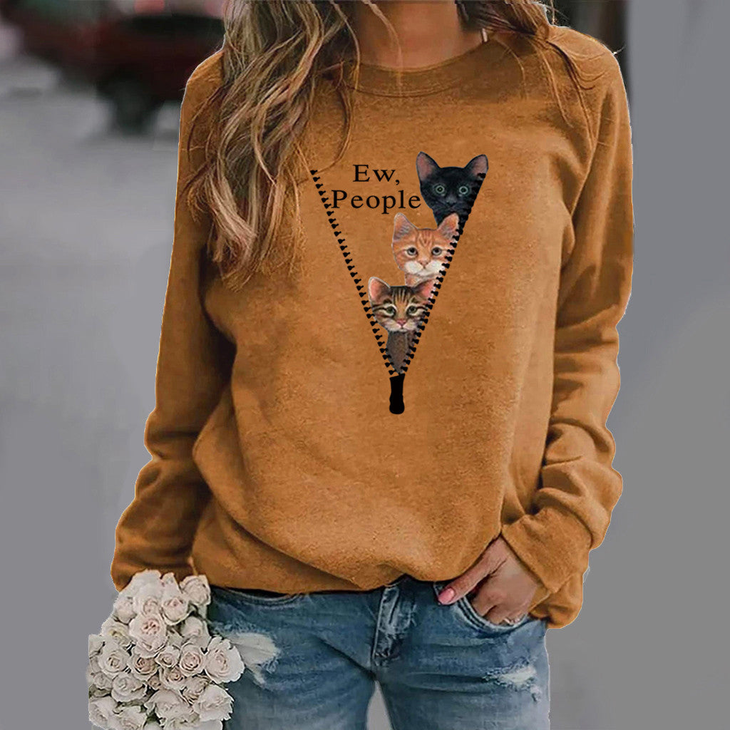 Women’s Crew Neck Sweatshirt – Relaxed Fit – Cat Graphic – Soft Cotton Texture