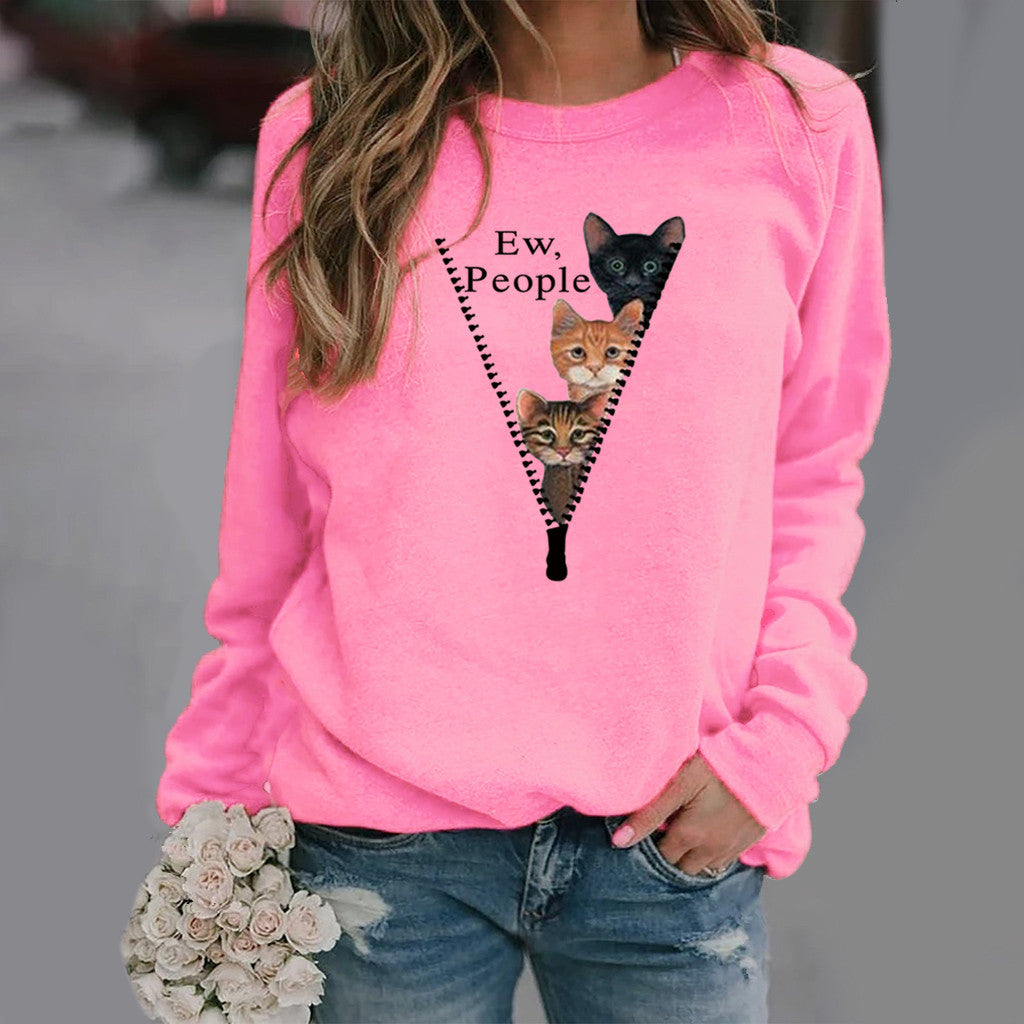 Women’s Crew Neck Sweatshirt – Relaxed Fit – Cat Graphic – Soft Cotton Texture