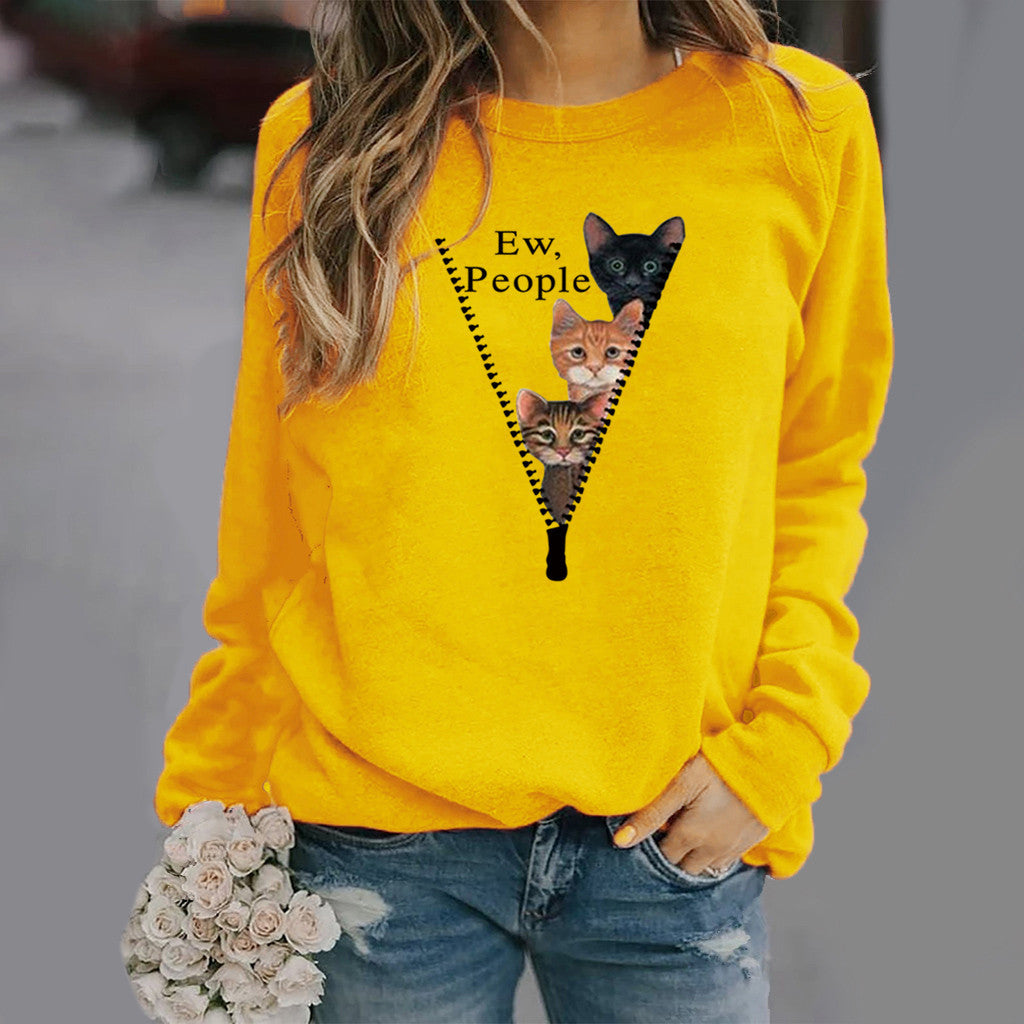 Women’s Crew Neck Sweatshirt – Relaxed Fit – Cat Graphic – Soft Cotton Texture