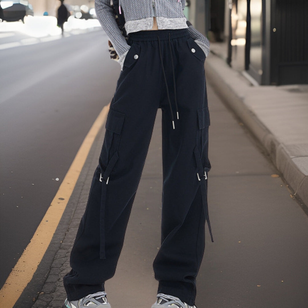 Women's Cargo Pants - Wide Leg Relaxed Fit - Elastic Waist with Drawstring - Multi-Pocket