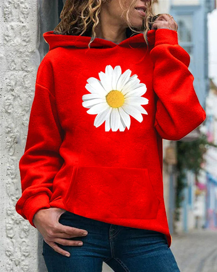 Women’s Hooded Sweatshirt – Relaxed Fit – Soft Fleece – Daisy Print – Kangaroo Pocket