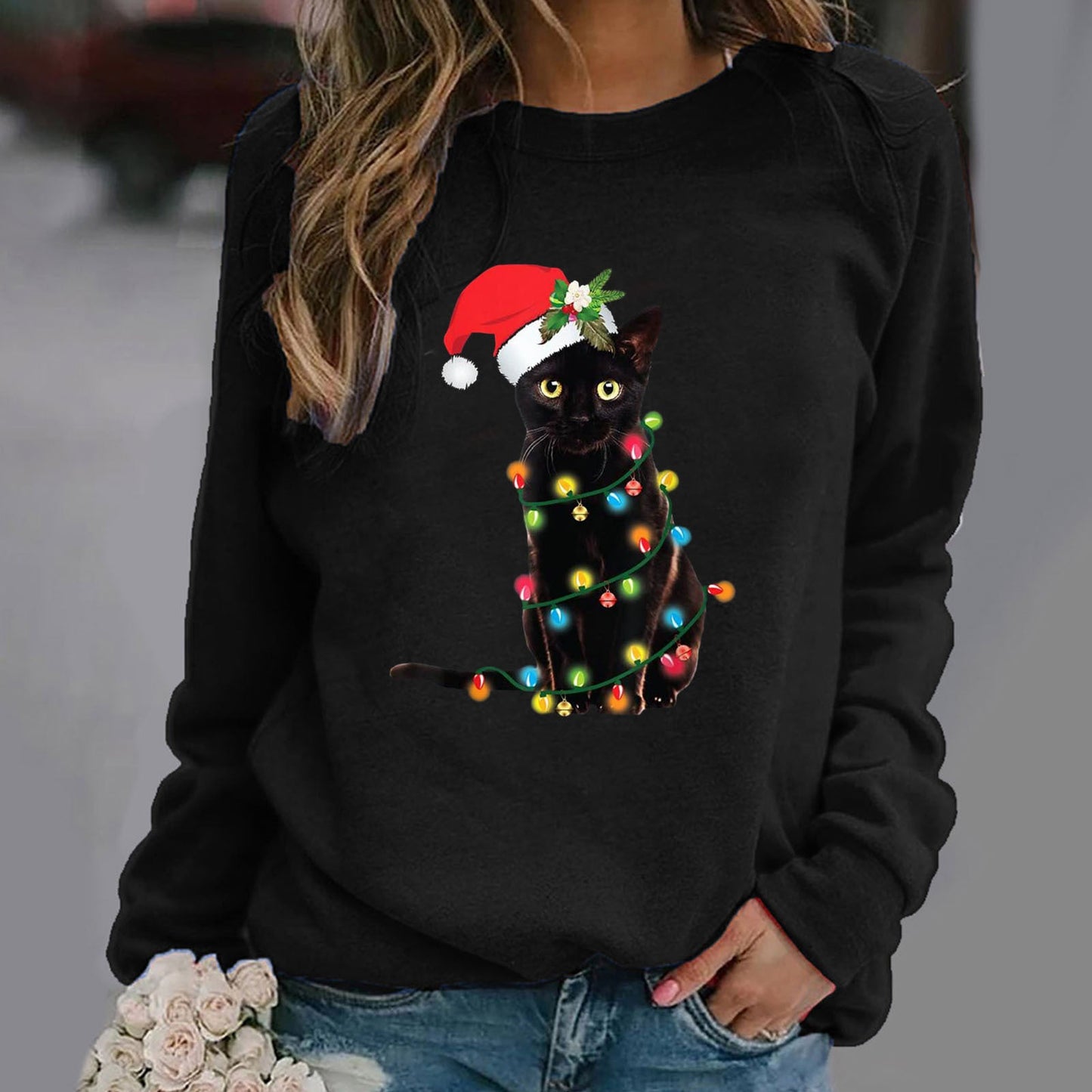 Women’s Sweatshirt – Cotton Blend – Relaxed Fit – Crew Neck Long Sleeve Festive Graphic