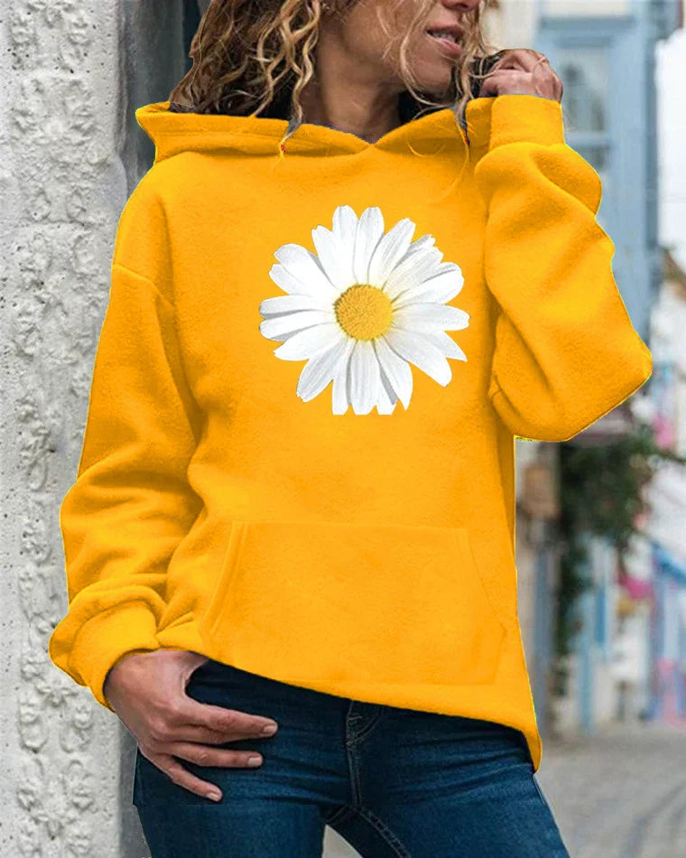 Women’s Hooded Sweatshirt – Relaxed Fit – Soft Fleece – Daisy Print – Kangaroo Pocket