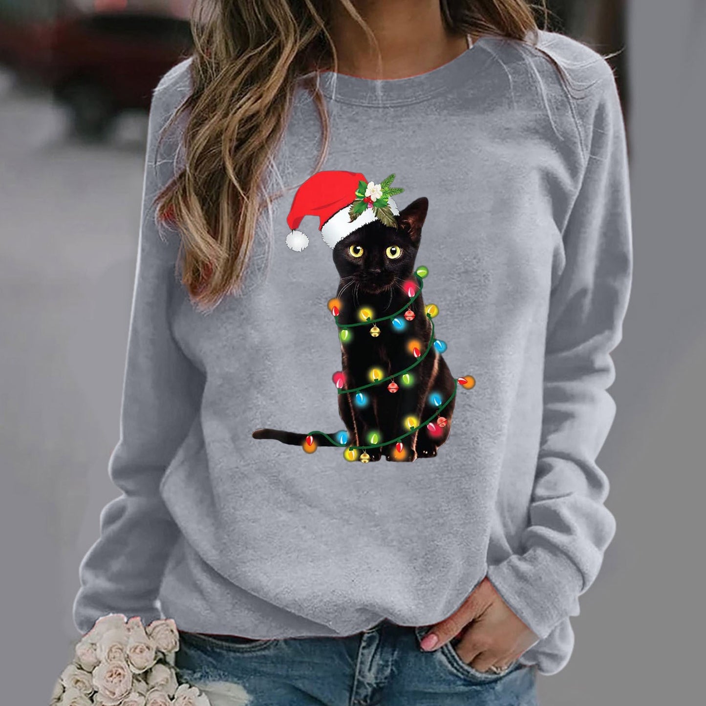 Women’s Sweatshirt – Cotton Blend – Relaxed Fit – Crew Neck Long Sleeve Festive Graphic
