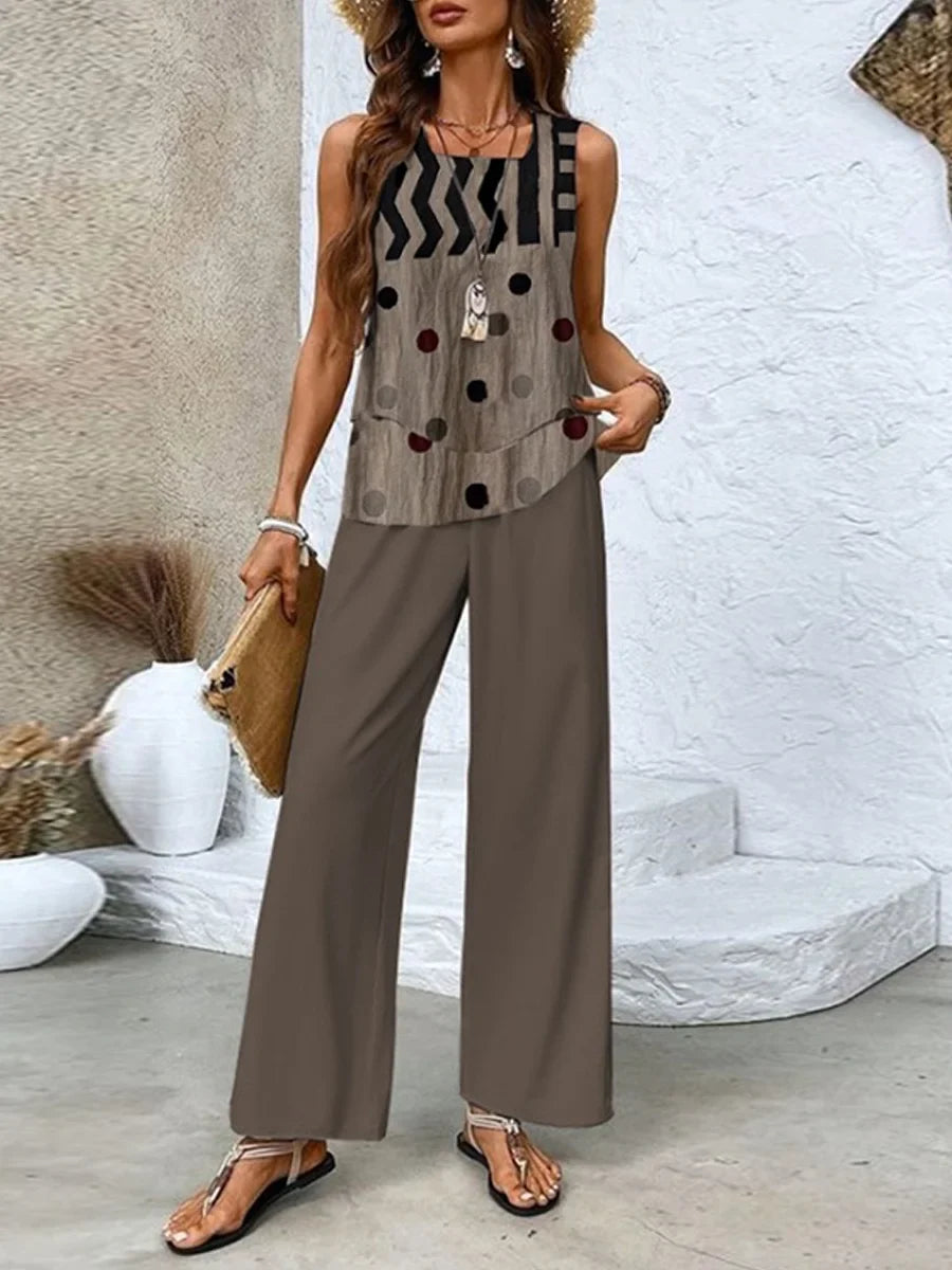 Women’s Two-Piece Set – Sleeveless Top and Wide-Leg Pants – Relaxed Fit – Breathable Blend