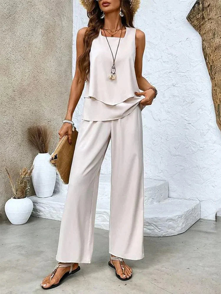 Women’s Two-Piece Set – Sleeveless Top and Wide-Leg Pants – Relaxed Fit – Breathable Blend