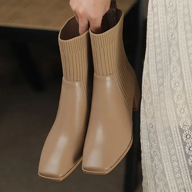 Women's square toe martin boots with elastic knitted socks