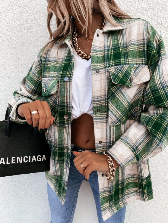 Women’s Shirt Jacket – Oversized Fit – Flannel – Checked Pattern – Button Front – Casual