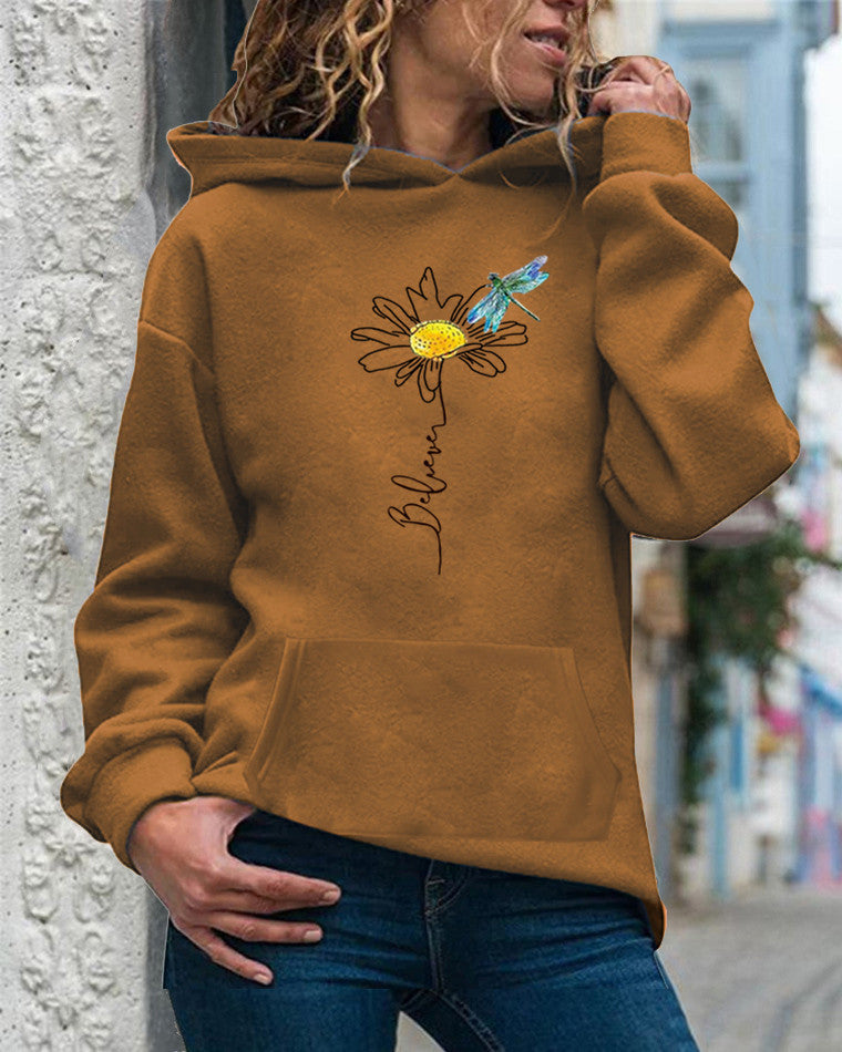 Women’s Hooded Sweatshirt – Relaxed Fit – Cotton – Sunflower Graphic – Long Sleeve