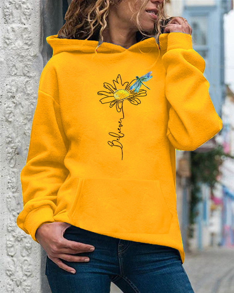 Women’s Hooded Sweatshirt – Relaxed Fit – Cotton – Sunflower Graphic – Long Sleeve