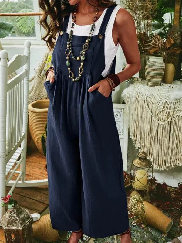 Women’s Jumpsuit – Relaxed Fit – Wide Leg – Breathable Blend – Adjustable Straps