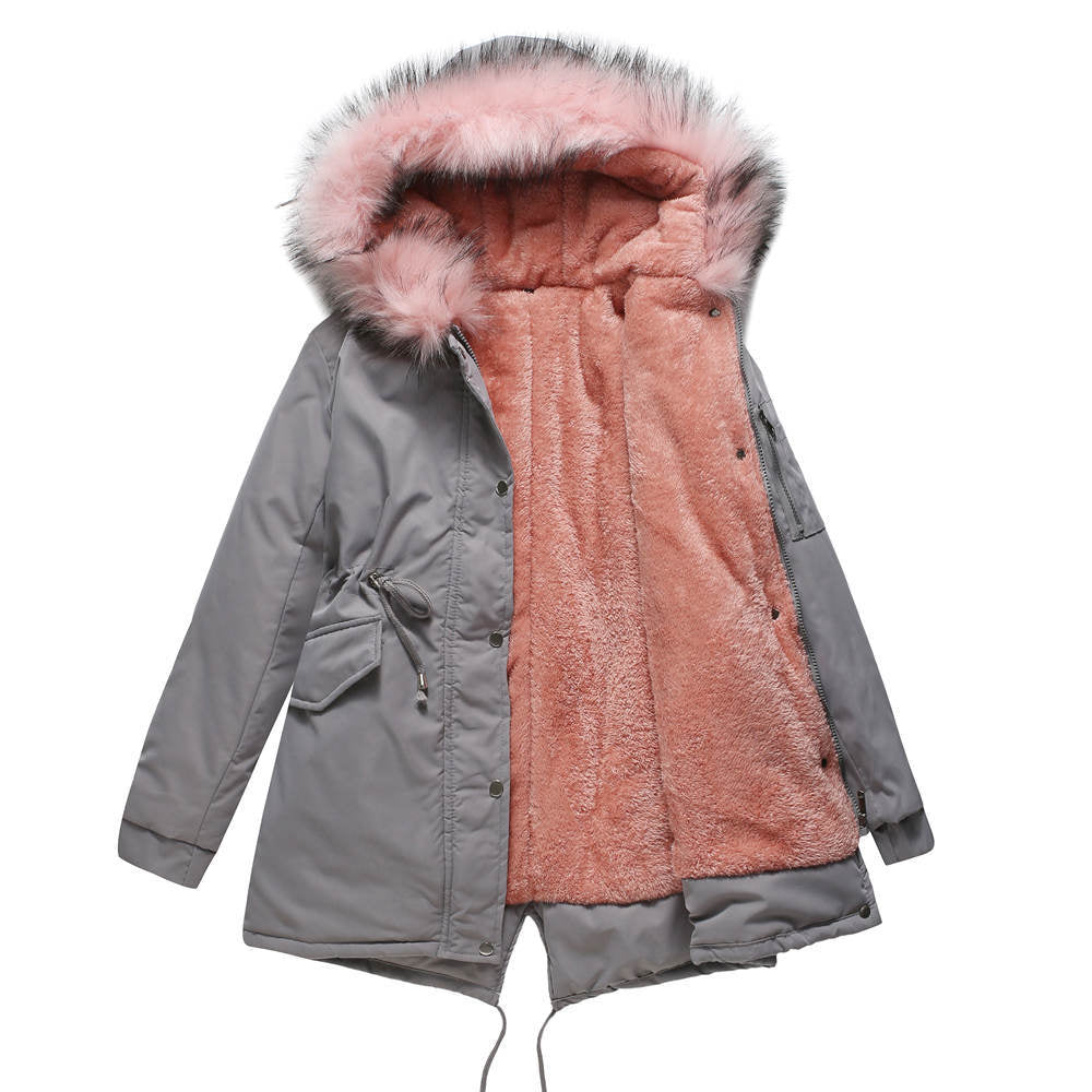 Women's cozy coat with hood & fur collar