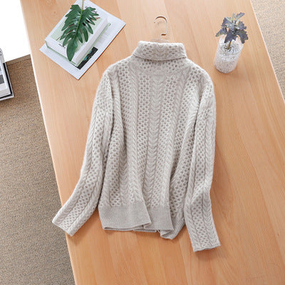 Women's high collar loose pullover cable knit sweater
