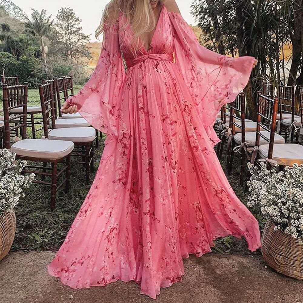Women's Chiffon Maxi Dress with V-Neck and Floral Print