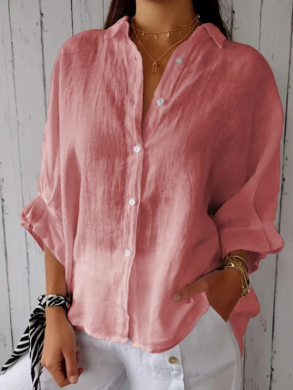 Women's Button-Up Shirt - Breathable Material Blend - Relaxed Fit - Classic Collar Casual Wear