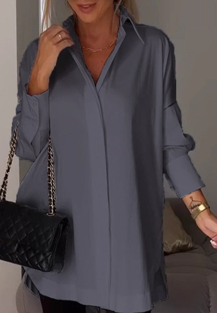 Women's Oversized Button-Up Shirt - Cotton Blend - Long Sleeve - Casual Loose Fit