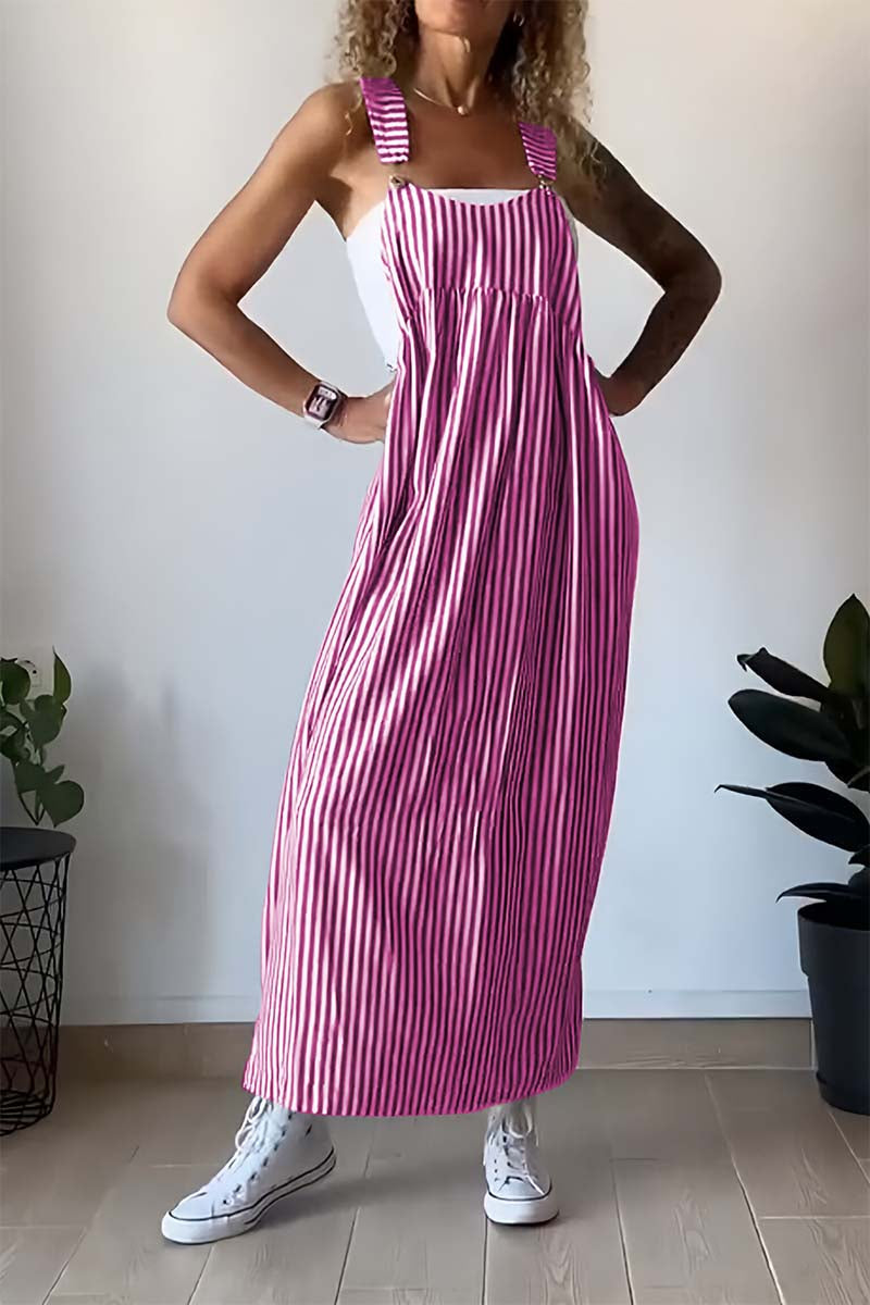Women's Pinafore Dress - Maxi Length - Vertical Striped - Relaxed Fit Casual Wear