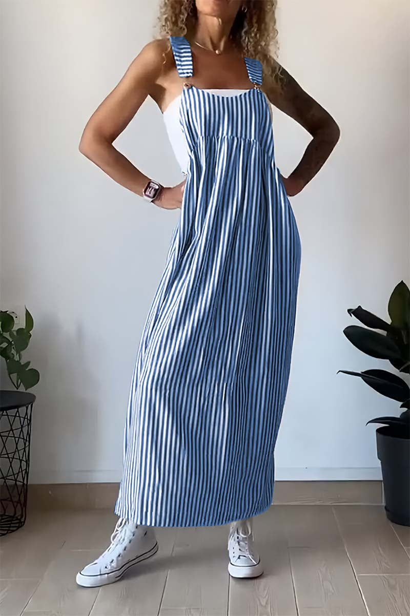 Women's Pinafore Dress - Maxi Length - Vertical Striped - Relaxed Fit Casual Wear