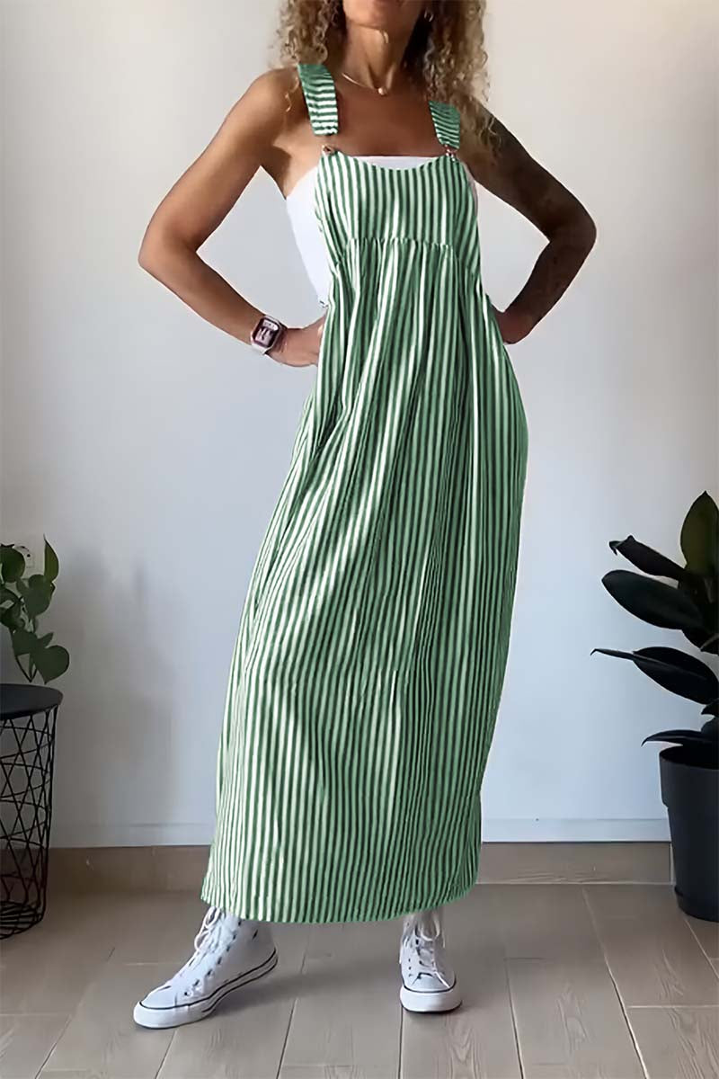Women's Pinafore Dress - Maxi Length - Vertical Striped - Relaxed Fit Casual Wear